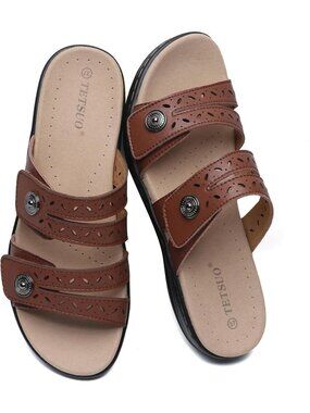Women's Flat Sandals Dressy Summer Brown Open Toe Walking Sandal Arch Support